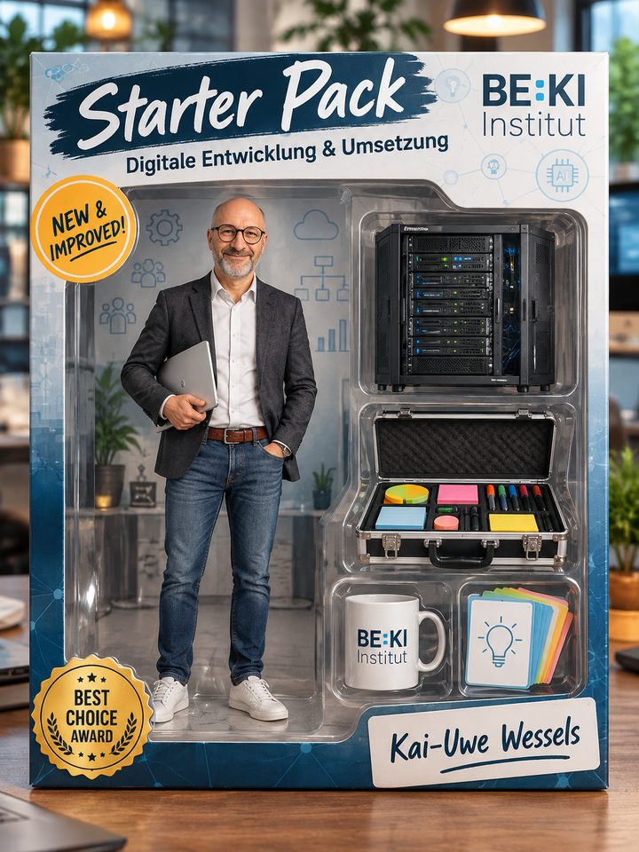 Kai-Uwe Wessels als Actionfigur im BE:KI Starter Pack – mit Laptop, Server-Rack, Moderationskoffer, BE:KI-Kaffeebecher und Ideenkarten