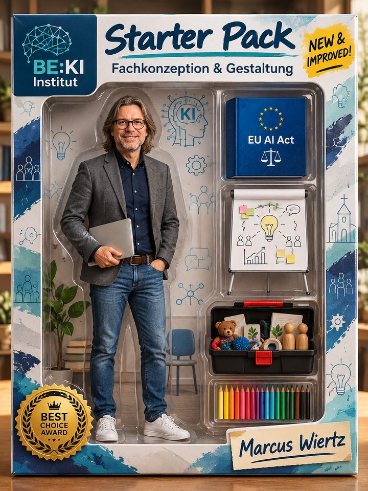 Marcus Wiertz als Actionfigur im BE:KI Starter Pack – mit Laptop, EU-AI-Act-Buch, Seminar-Flipchart, Werkzeugkiste mit Spielfiguren und Farbstifte-Set